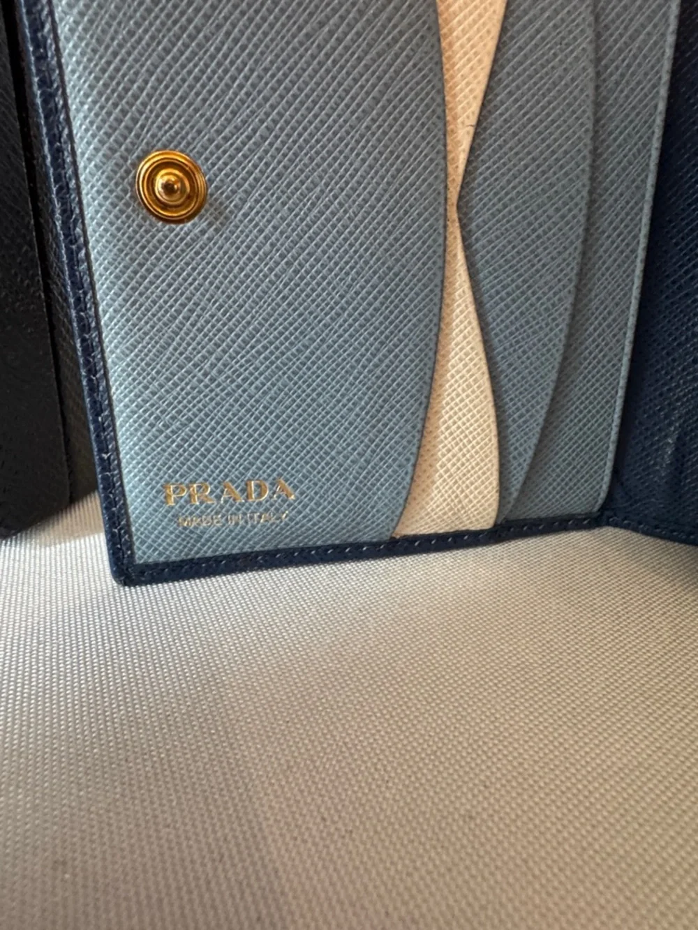 Prada Navy Saffiano Multicolor Leather Bifold Wallet with Gold Logo